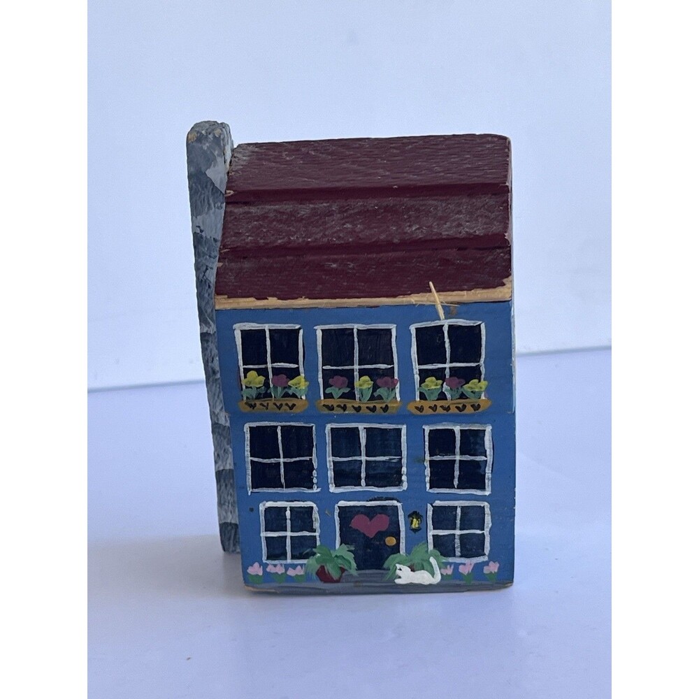 Vintage Custom Hand Painted Folk Art Wooden Block House Signed Suzy Sharp 1980